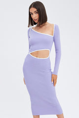 Purple Knit Dress Midi Long Sleeve Cut Out