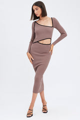 Brown Knit Dress Midi Long Sleeve Cut Out