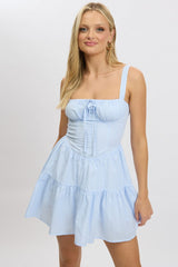 Blue Stripe Fit And Flare Dress Mini Gathered Bust