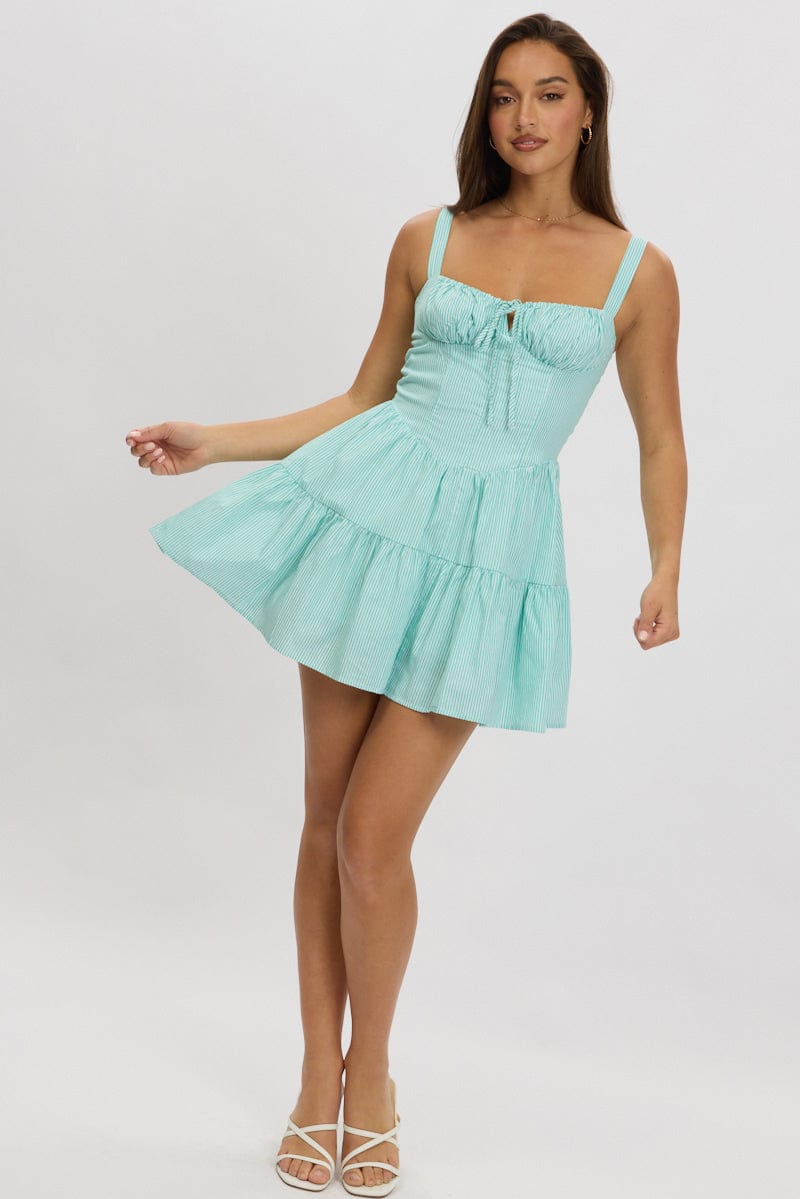 Green Stripe Fit And Flare Dress Mini Gathered Bust