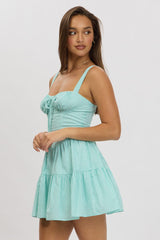 Green Stripe Fit And Flare Dress Mini Gathered Bust