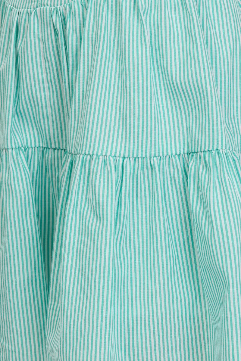 Green Stripe Fit And Flare Dress Mini Gathered Bust