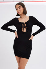 Black Dress Long Sleeve Cut Out Details Bodycon Rib