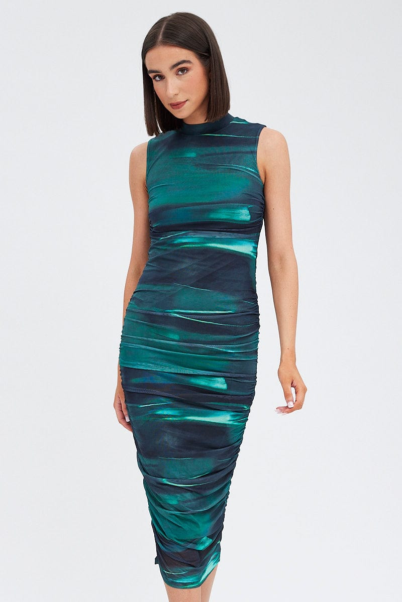 Green Abstract Dress Crew Neck Sleeveless Bodycon Abstract Mesh