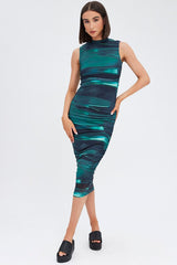 Green Abstract Dress Crew Neck Sleeveless Bodycon Abstract Mesh