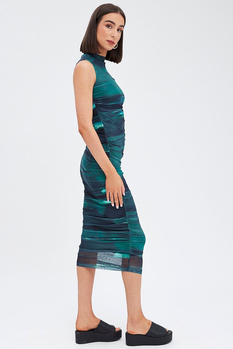 Green Abstract Dress Crew Neck Sleeveless Bodycon Abstract Mesh