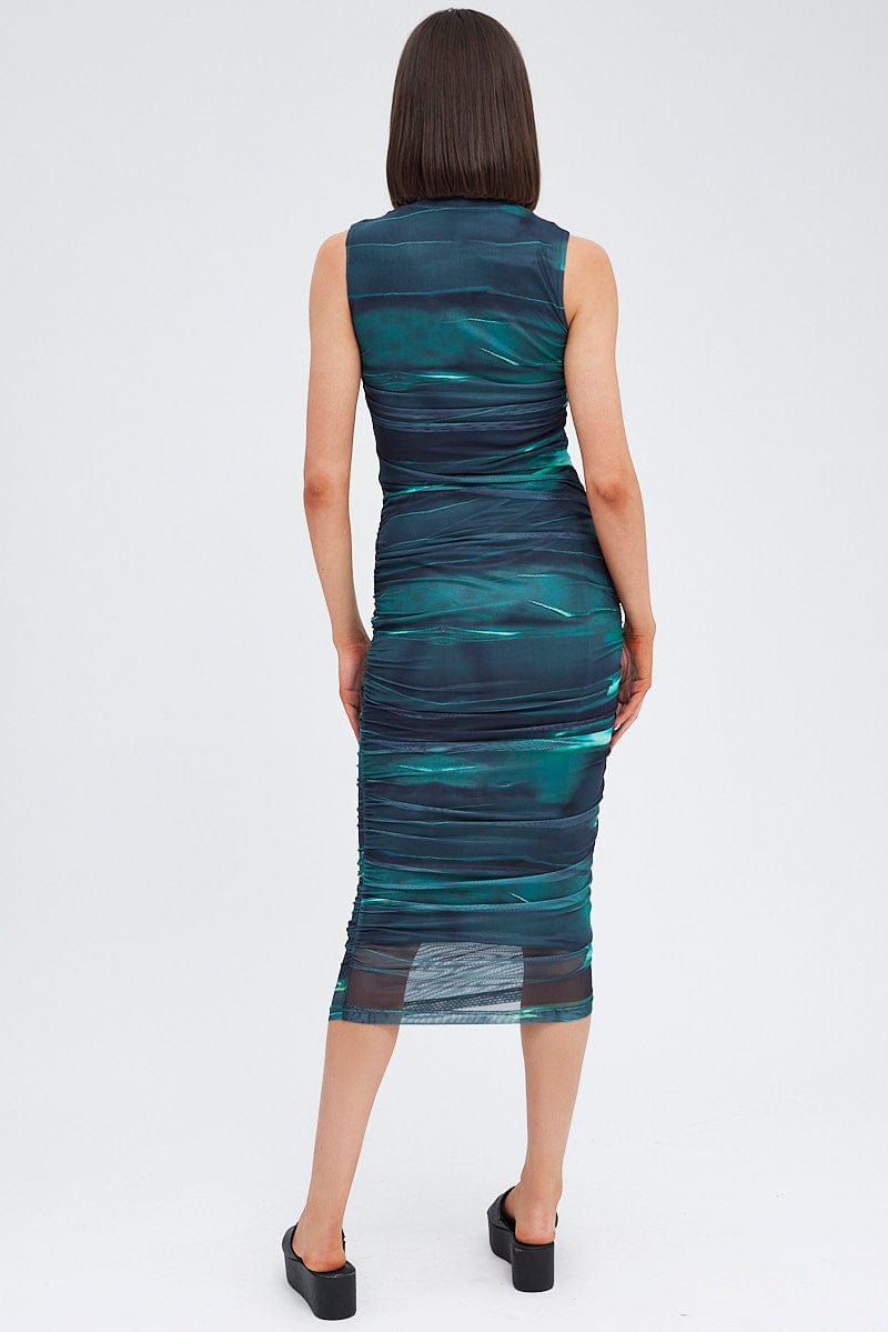 Green Abstract Dress Crew Neck Sleeveless Bodycon Abstract Mesh