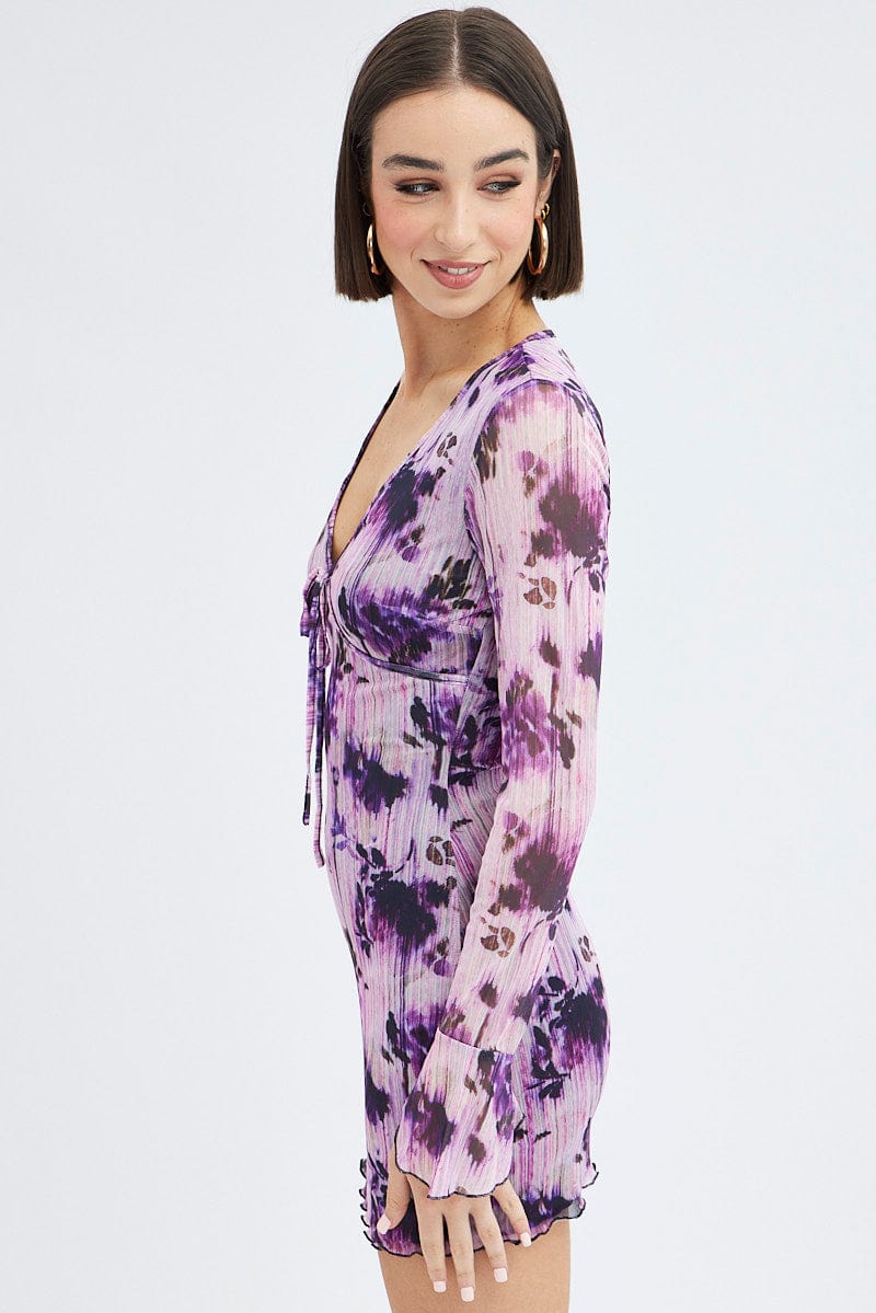 Purple Floral Mesh Dress Long Sleeve Mini