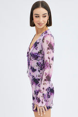 Purple Floral Mesh Dress Long Sleeve Mini