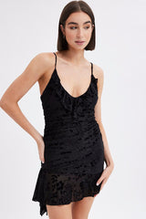 Black Mesh Mini Dress Ruffle Burnt Out