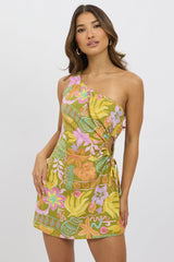 Green Abstract Mini Dress One Shoulder