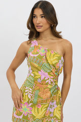 Green Abstract Mini Dress One Shoulder
