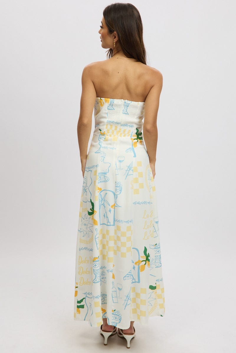 Yellow Abstract Strapless Maxi Dress
