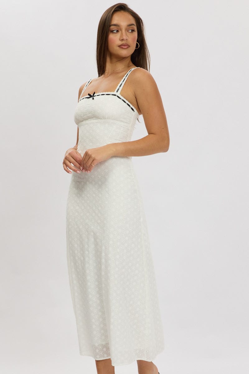 White Midi Dress Lace Trim Sleeveless Eyelet Fabric