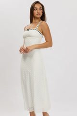 White Midi Dress Lace Trim Sleeveless Eyelet Fabric