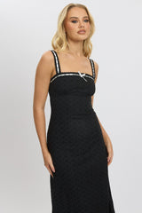Black Midi Dress Lace Trim Sleeveless Eyelet Fabric