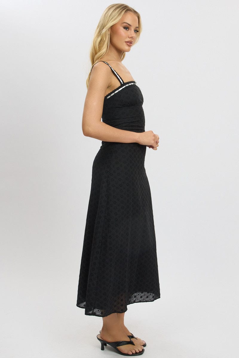 Black Midi Dress Lace Trim Sleeveless Eyelet Fabric