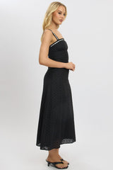 Black Midi Dress Lace Trim Sleeveless Eyelet Fabric