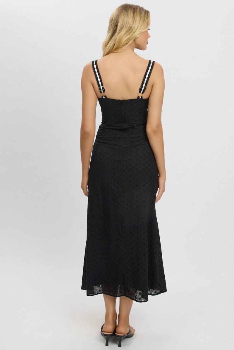 Black Midi Dress Lace Trim Sleeveless Eyelet Fabric