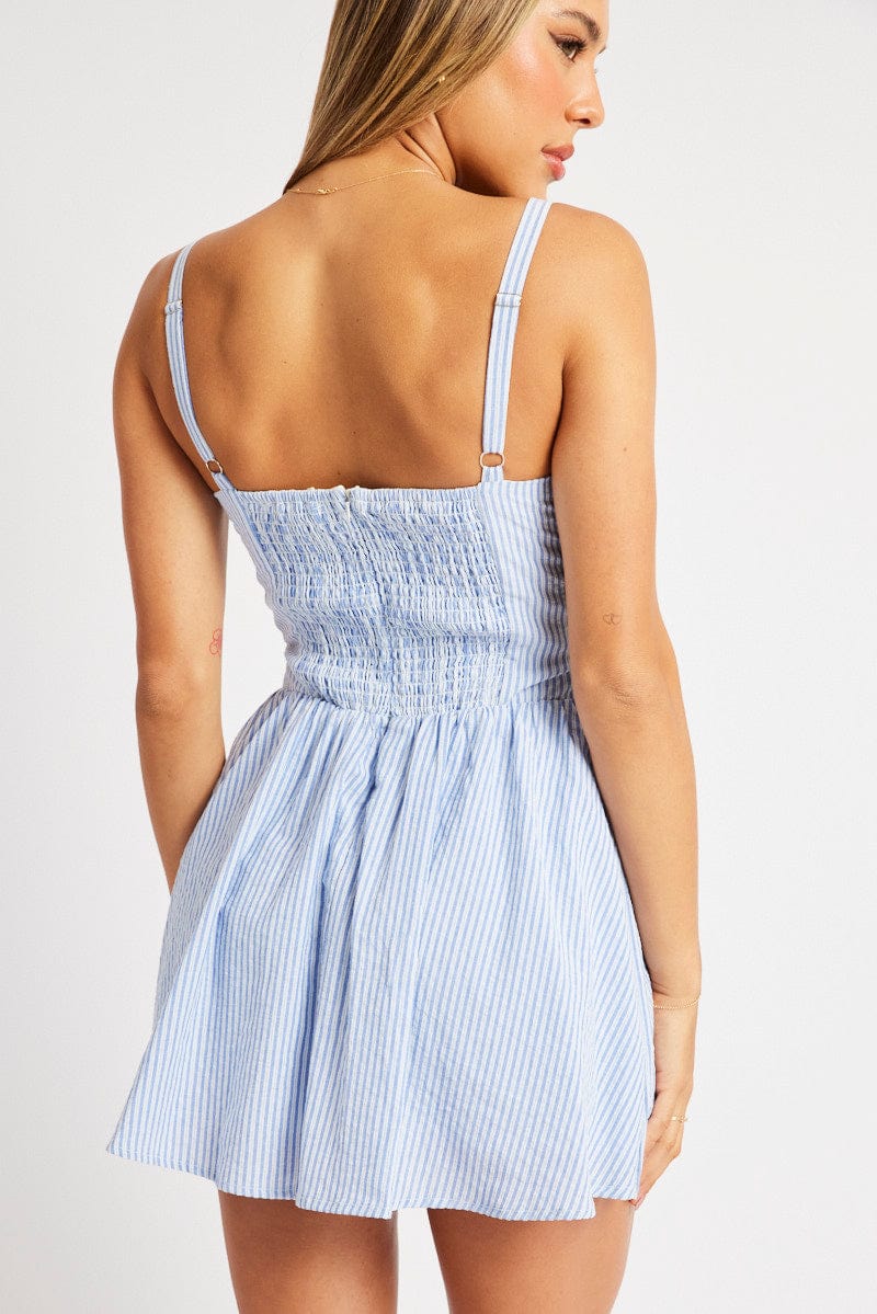 Blue Stripe Fit And Flare Dress Mini Gathered Bust
