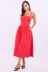 Red Midi Dress Lace Trim Corset Detail Poplin