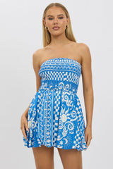 Blue Abstract Balloon Mini Dress Strapless