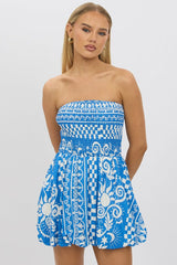 Blue Abstract Balloon Mini Dress Strapless