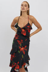 Black Floral Midi Dress Ruffle Detail