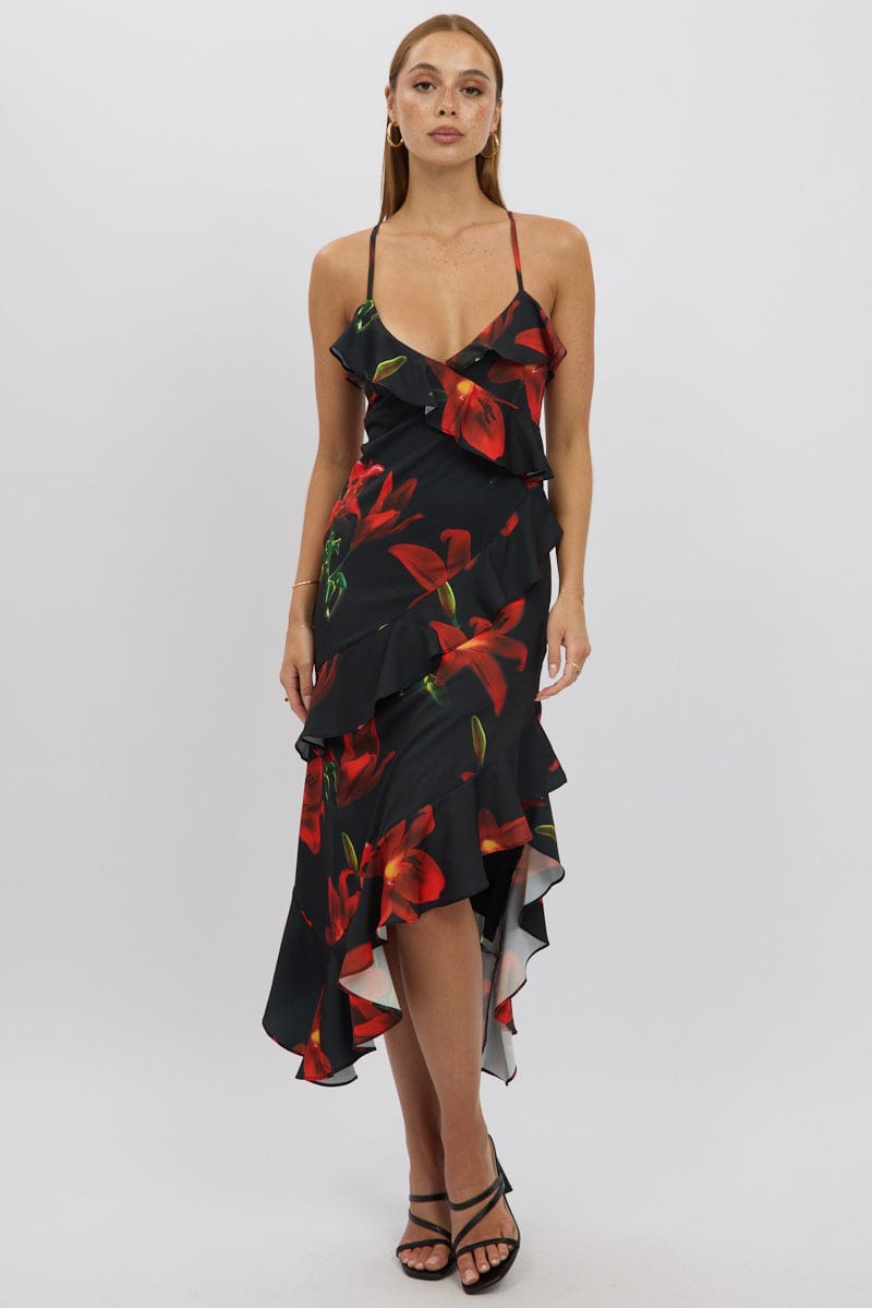 Black Floral Midi Dress Ruffle Detail