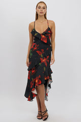 Black Floral Midi Dress Ruffle Detail