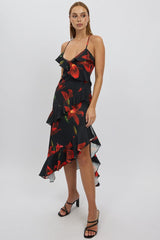 Black Floral Midi Dress Ruffle Detail