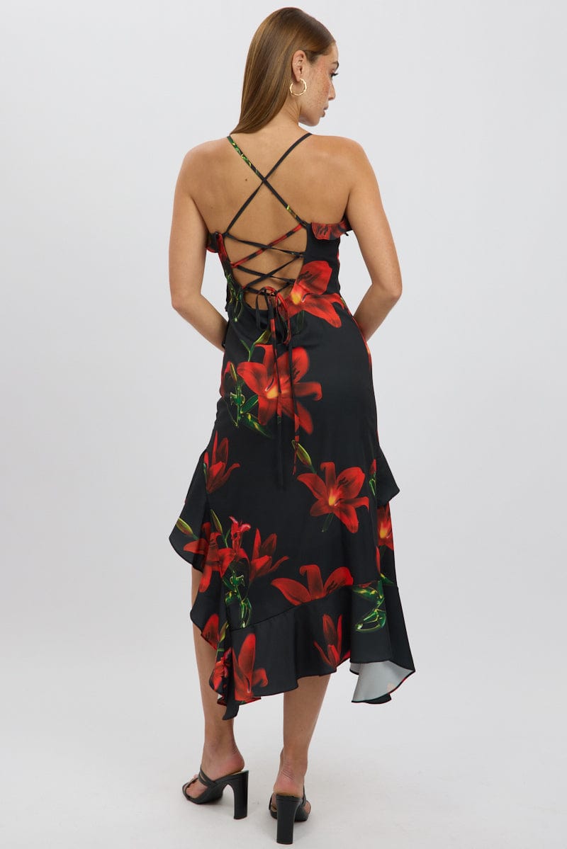 Black Floral Midi Dress Ruffle Detail