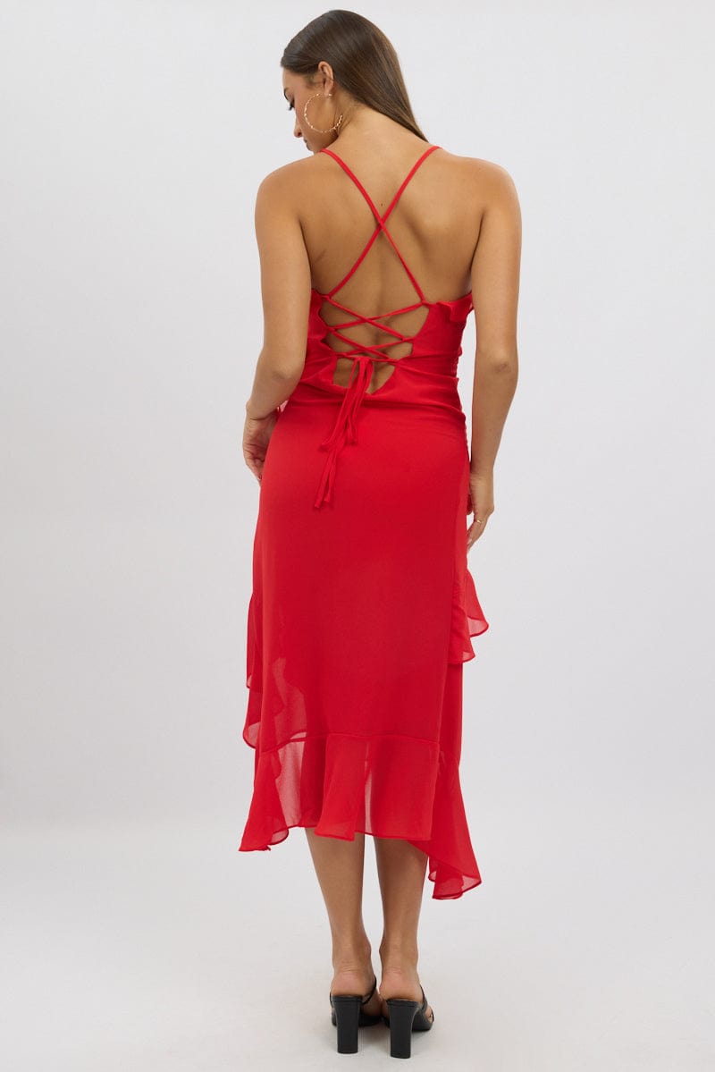 Red Midi Dress Ruffle Detail