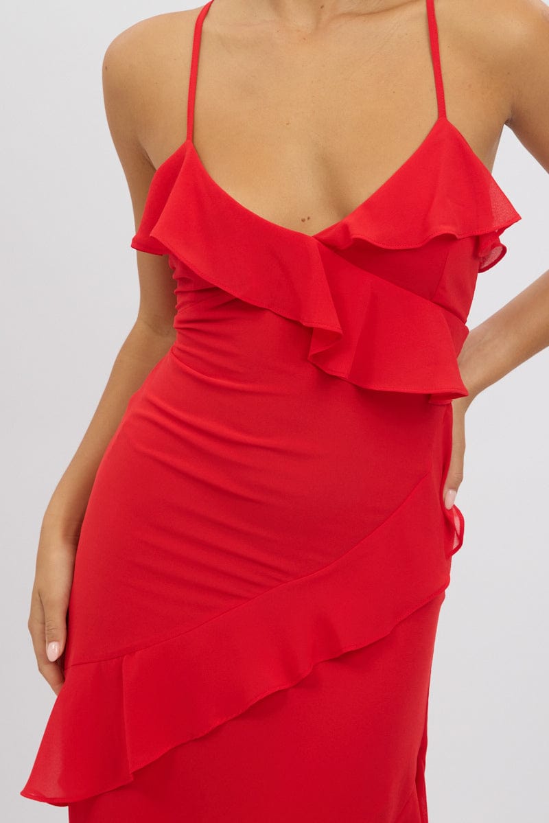 Red Midi Dress Ruffle Detail