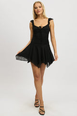 Black A-Line Dress Frilled Sleeve Mini Lace