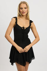 Black A-Line Dress Frilled Sleeve Mini Lace