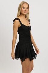 Black A-Line Dress Frilled Sleeve Mini Lace