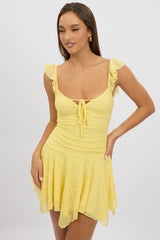 Yellow A-Line Dress Frilled Sleeve Mini Lace