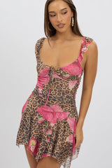 Multi Animal Print A-Line Dress Frilled Sleeve Mini Lace