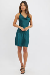 Green Mini Dress Cowl Neck Satin