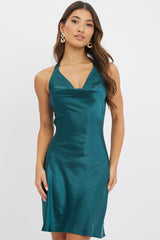 Green Mini Dress Cowl Neck Satin