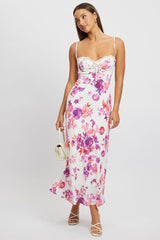 White Floral Maxi Dress Back Tie Satin