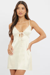 Yellow Mini Dress Front Tie Strappy Satin