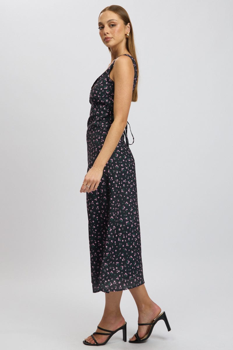 Black Ditsy Maxi Dress V-Neck