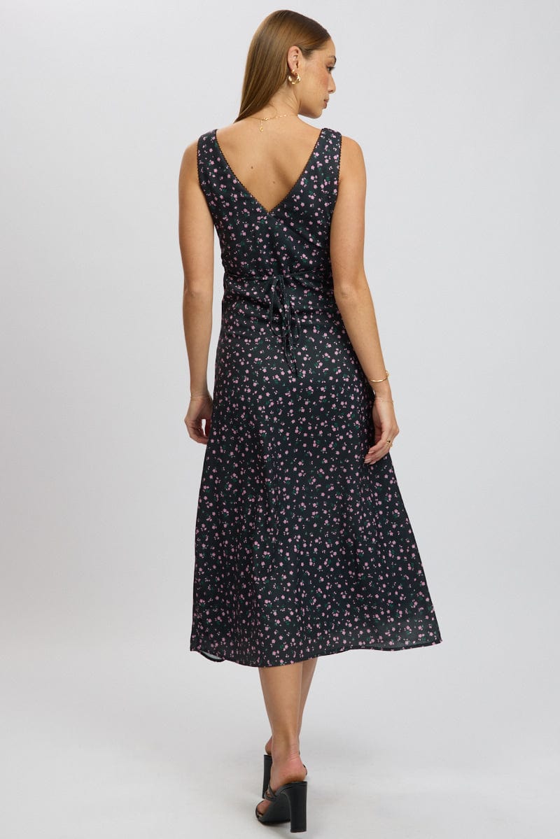 Black Ditsy Maxi Dress V-Neck