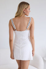 White Mini Dress Lace Trim Sleeveless Eyelet Fabric