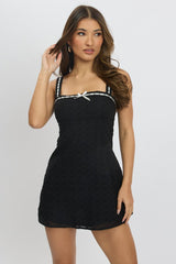Black Mini Dress Lace Trim Sleeveless Eyelet Fabric