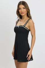 Black Mini Dress Lace Trim Sleeveless Eyelet Fabric