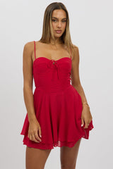 Red Fit And Flare Dress Strapless Corset Waist