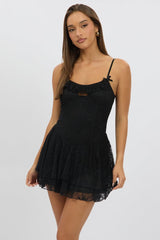 Black Fit And Flare Dress Strappy Lace